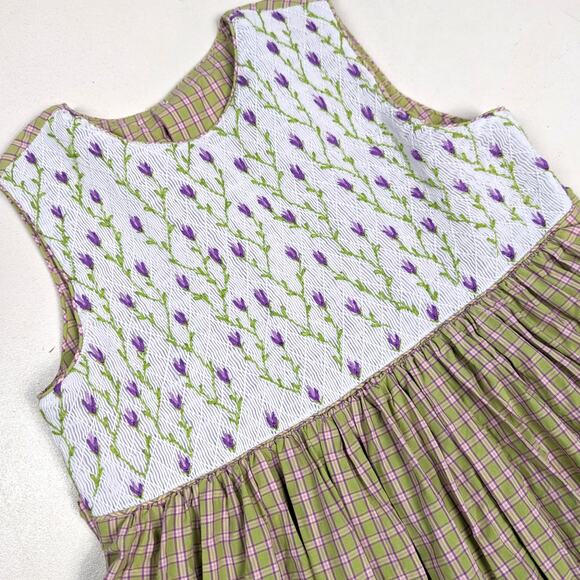 Beaux et Belles Dress Girls Sz 6 Green Plaid Smocked Floral Boutique Classic - Picture 2 of 4